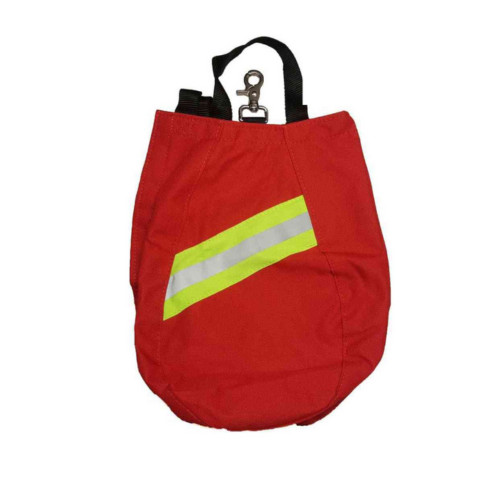 A red SCBA Airmask Respirator Bag with fleece lining, featuring reflective triple trim and a heavy duty metal hook.