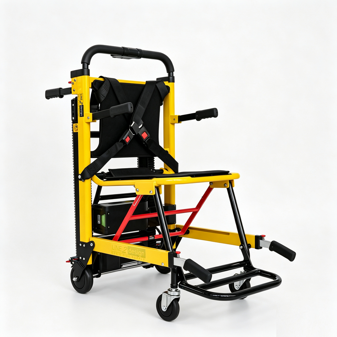 LINE2design yellow and black electric wheelchair lift with a black seat and cross-body harness.