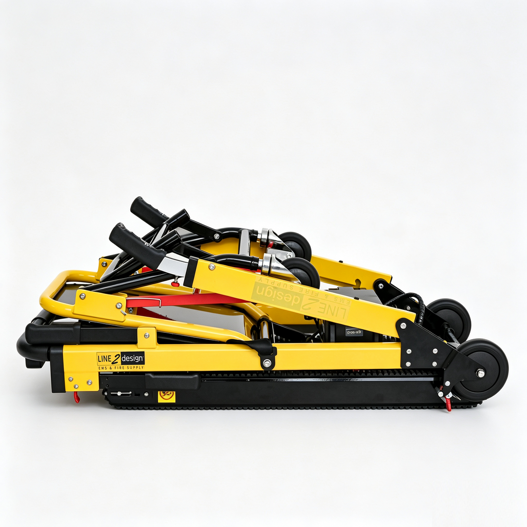 LINE2design compact yellow-Evac-Stair lift chair folded.