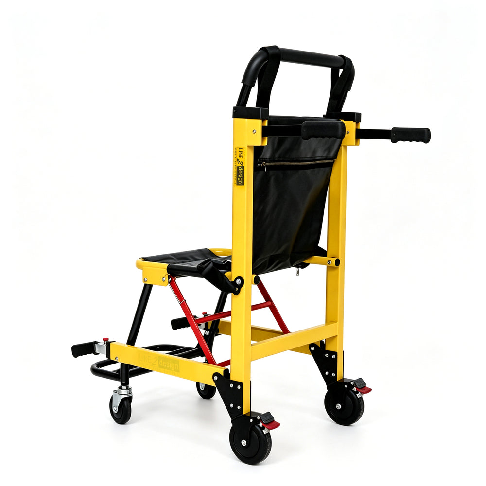 A yellow and black wheelchair transfer chair with a black backrest, seat, and footrest, featuring a black storage bag on the back and small caster wheels, shown on a white background.
