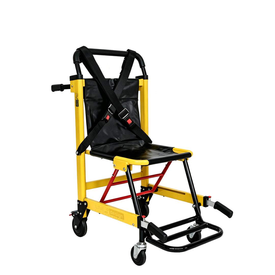 The best LINE2design yellow evac stair chair with a heavy duty from and  safety straps to secure the patient.