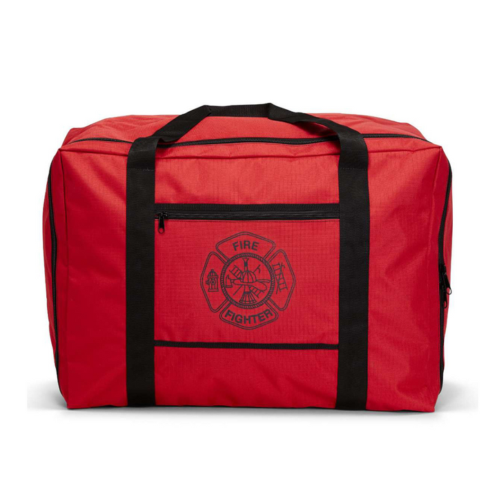 A red firefighter turnout gear bag with black straps and a black Maltese cross logo on the front. The bag is equipped with multiple zippered compartments.