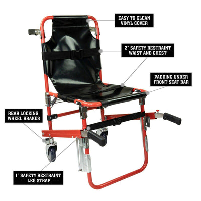EMS Stair Chair Emergency 2-Wheels Heavy Duty Evacuation Chair, Red - USED